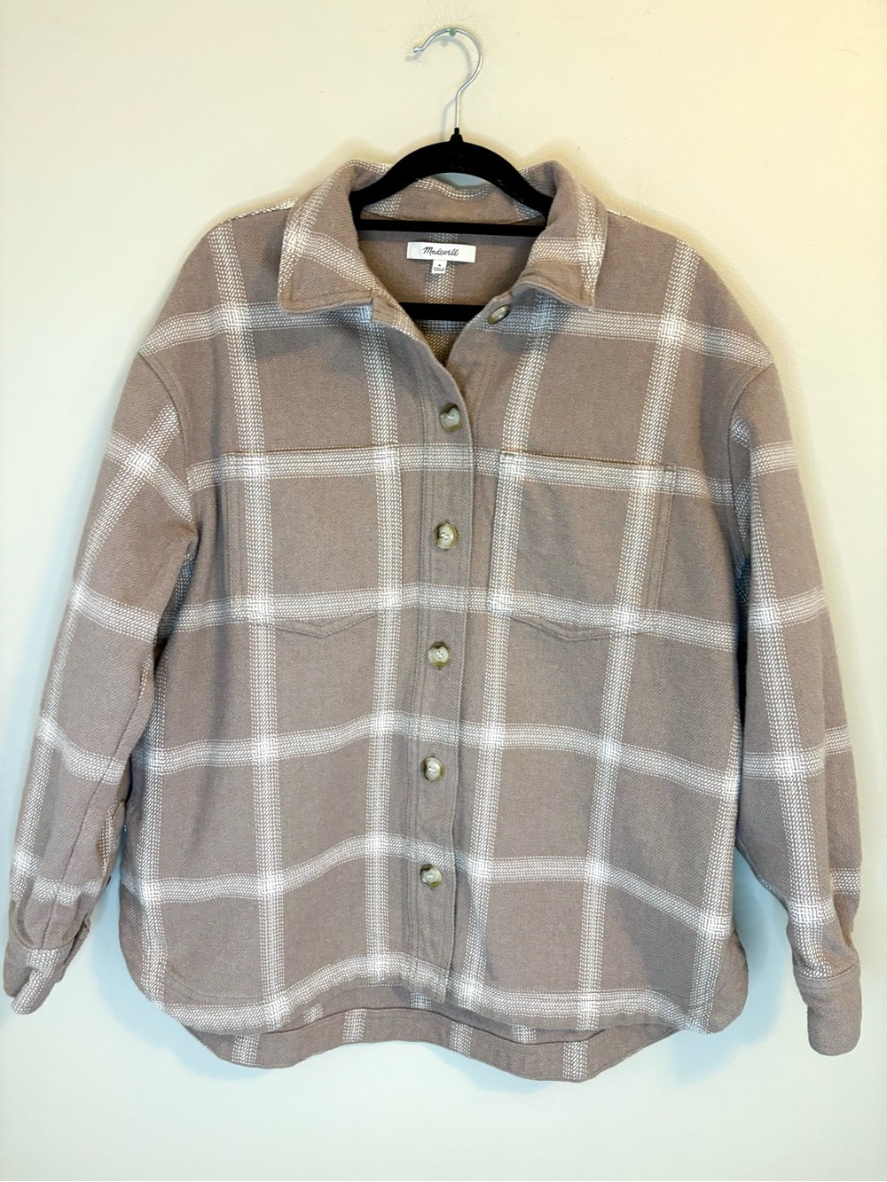 Madewell Plaid Shacket Overshirt Jacket Beige Taupe Side Pockets Medium